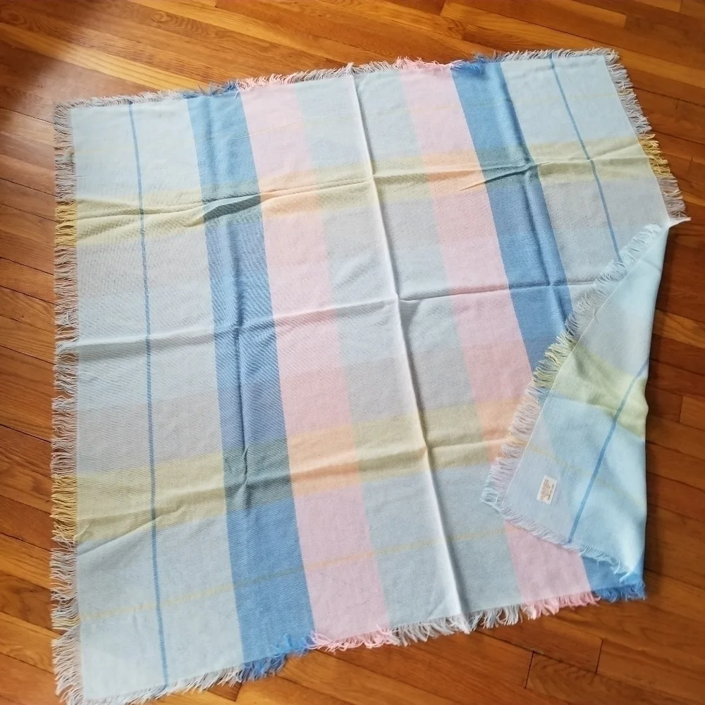 Vintage Ombre Stripe Acrylic Fringe Baby Blanket Pastel Pink Blue NOS Soft Girl